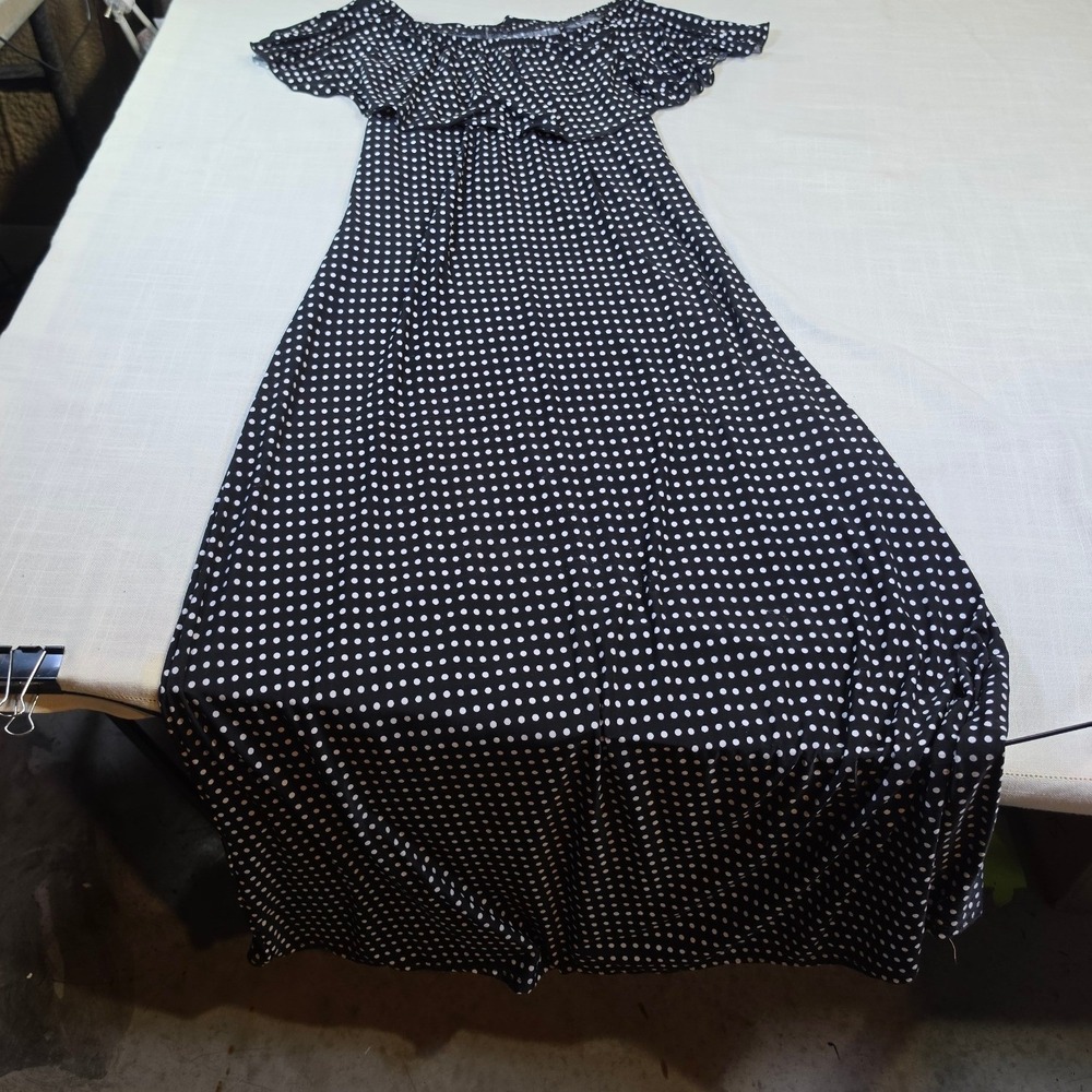 Fantazia Womens Black White Polka Dot Ruffle Off Shoulder Maxi Dress Large USA